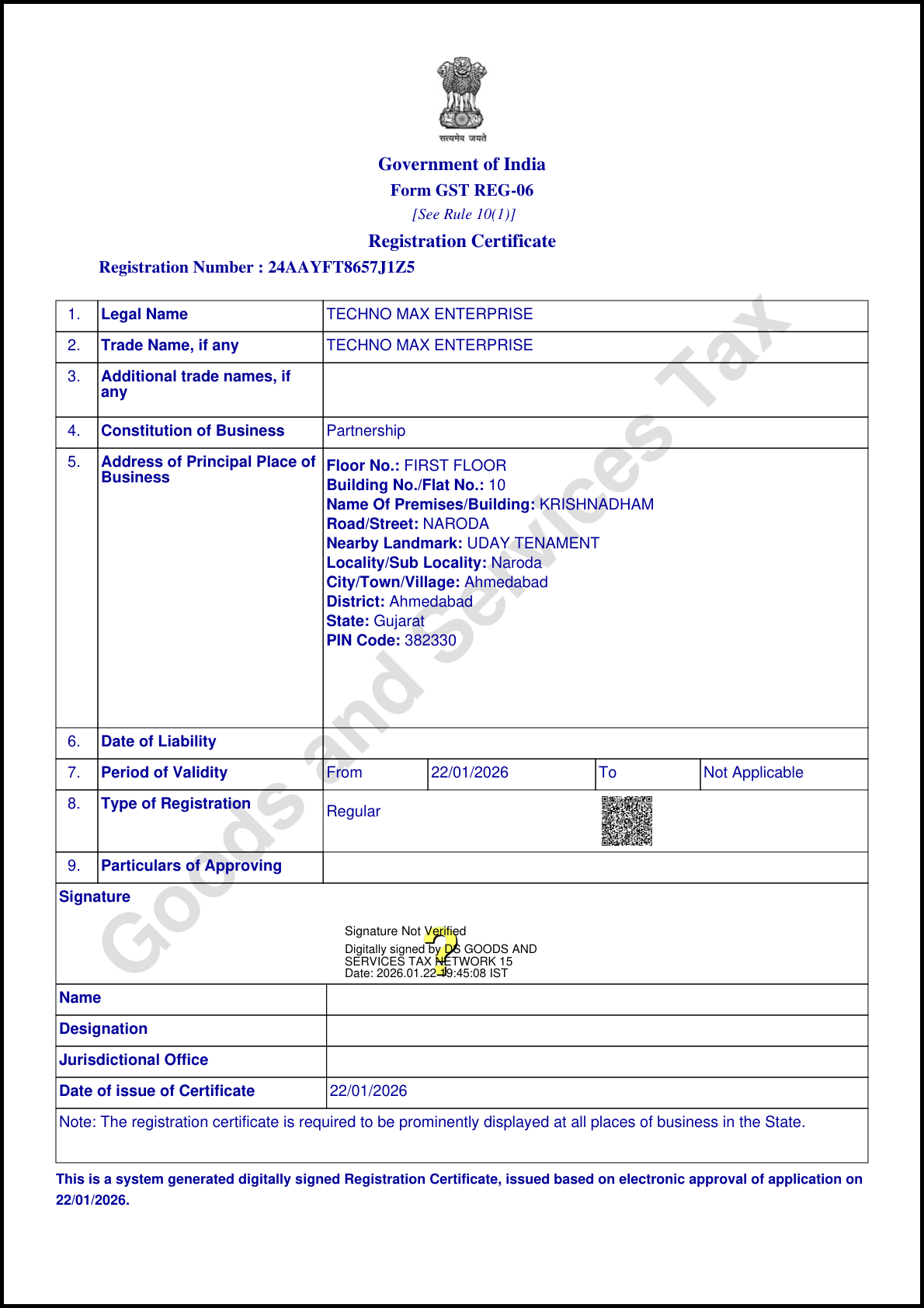 GST Registration Certificate preview